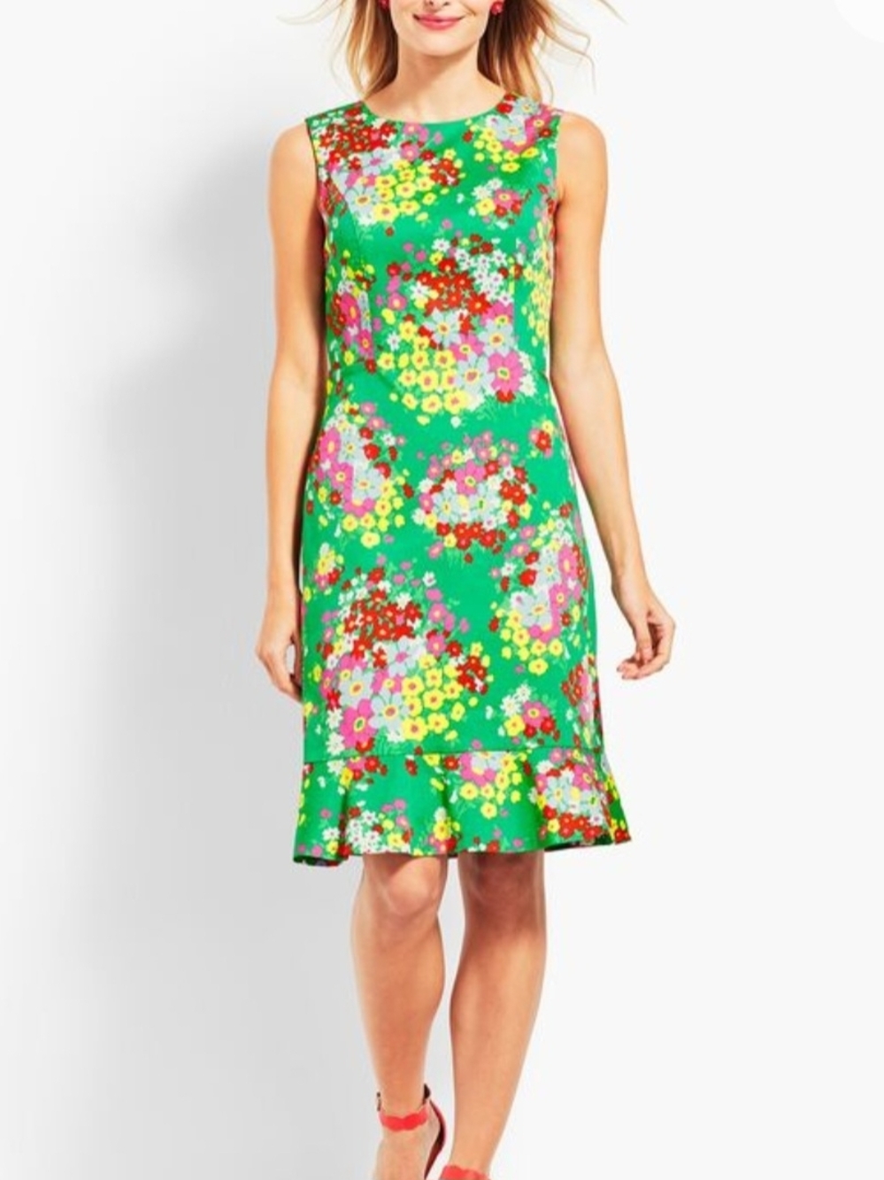 Talbots Kelly Green Springtime Floral Sleeveless Ruffle-Hem Shift Dress Sz 14